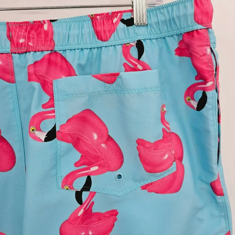 Asos Swim Shorts 2XL Blue Pink Flamingo Print Unlined Pockets Elastic Waist Tie